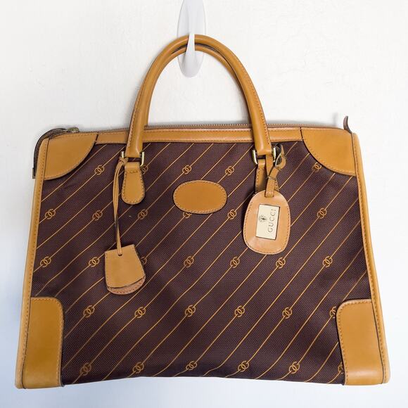 Gucci Vintage Bag Overnight RARE Logo Brown Work 60s 70s Handbag Tan Dustbag - Picture 1 of 16